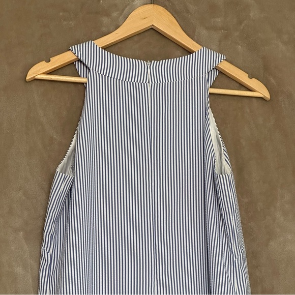 London Times Seersucker Racerback Sundress Blue White Stripes Crochet Size 10 - Picture 2 of 12